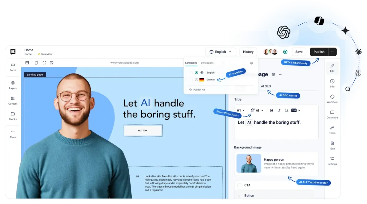 Website editor interface with AI tools and smiling person in blue sweater.