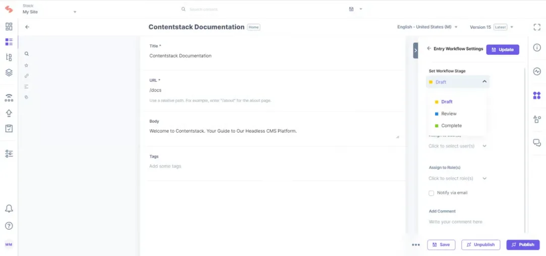 Contentstack documentation dashboard interface showing workflow settings.