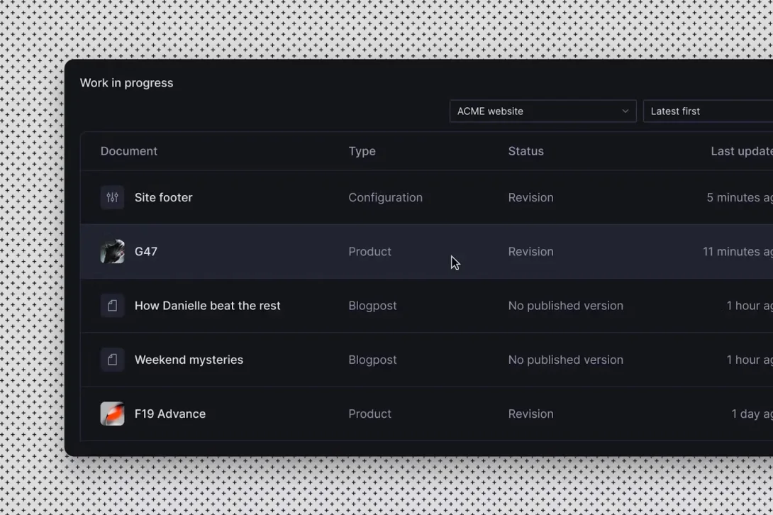 Dark-themed work in progress dashboard showing document revisions and statuses.