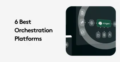 Diagram with AI agent and icons, titled '6 Best Orchestration Platforms.'