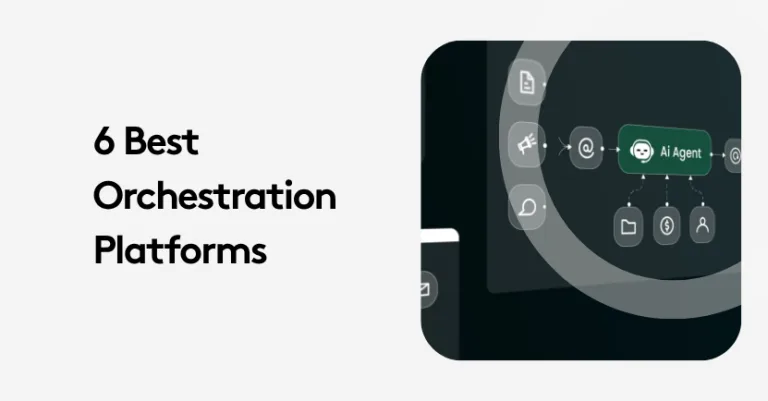Diagram with AI agent and icons, titled '6 Best Orchestration Platforms.'