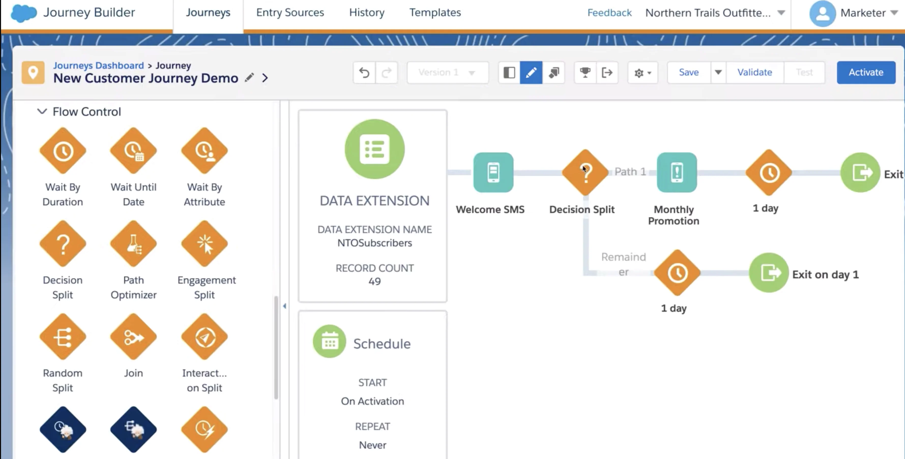 Salesforce Journey Builder interface showing flow control and data extension.