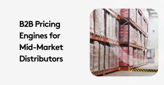 B2B pricing engines text and warehouse aisle with stacked pallets.