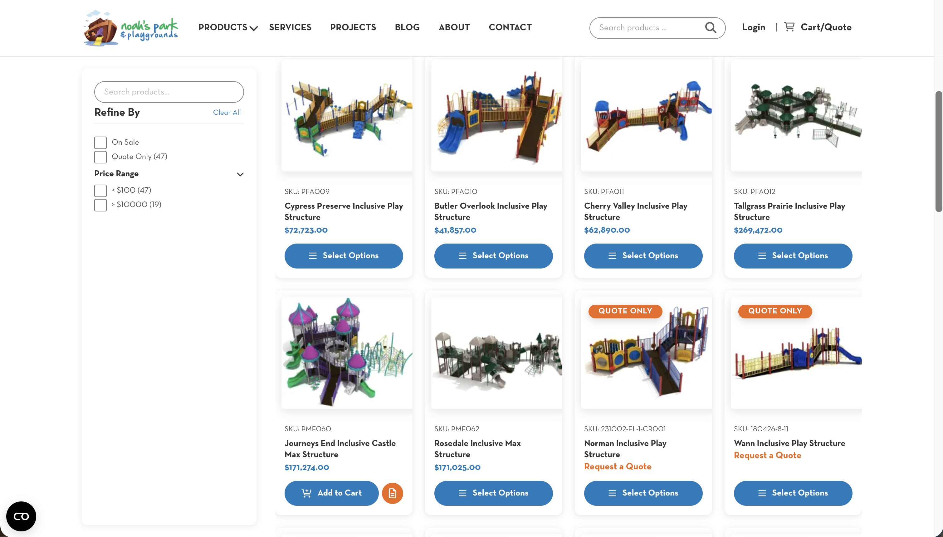Screenshot of Noah's Park & Playgrounds website showing various inclusive play structures for sale.