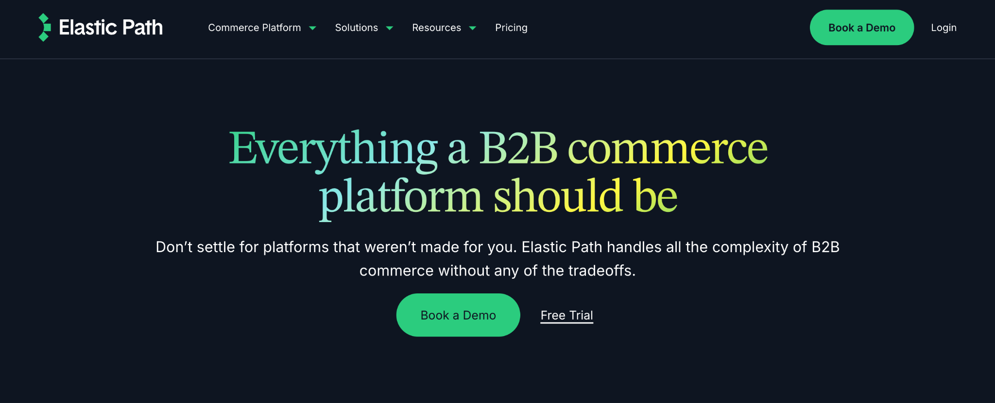 Elastic Path website hero section promoting B2B commerce platform features.