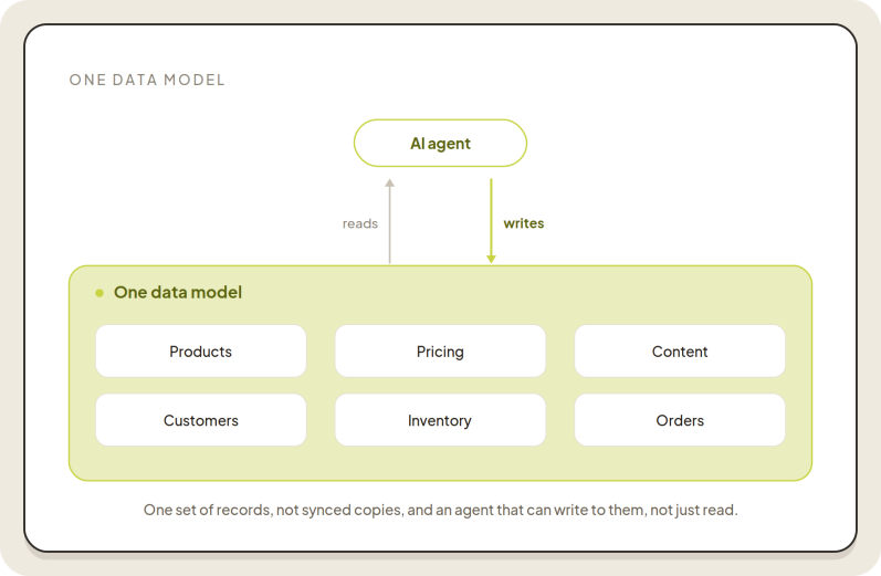 Diagram showing AI agent interacting with a unified data model including products, pricing, content, and more.
