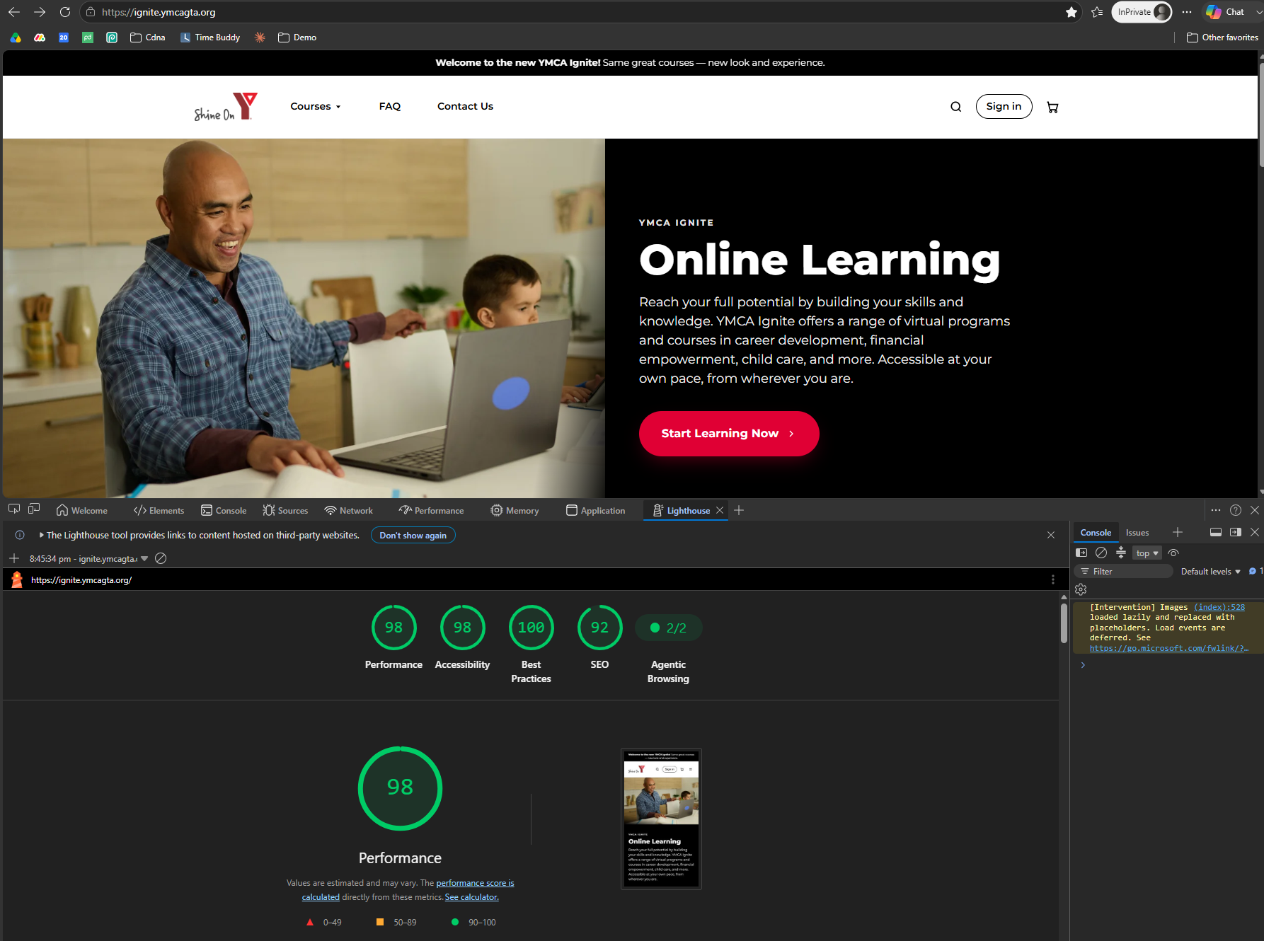 YMCA Ignite online learning page with a man and child using a laptop.