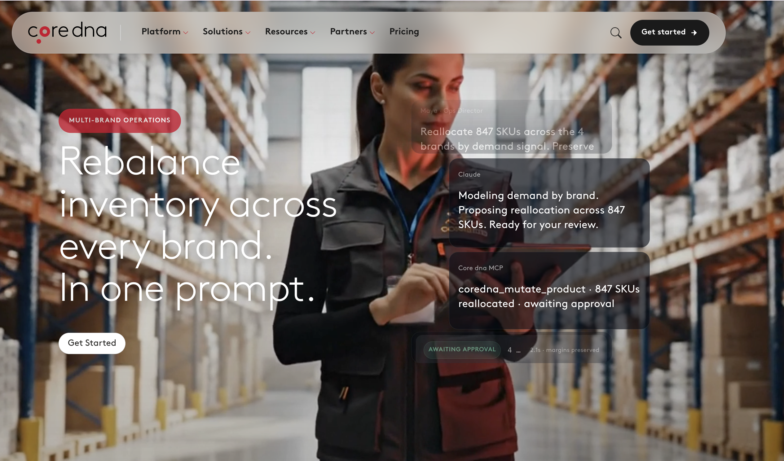 Core dna homepage showing an AI agent rebalancing inventory across four brands, with the change awaiting approval.