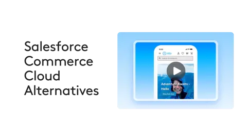 Salesforce Commerce Cloud alternatives text with mobile app preview on blue background.