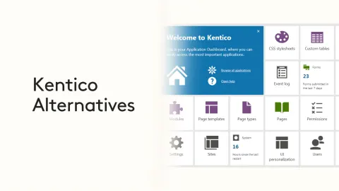 Kentico alternatives with dashboard options and modules display.