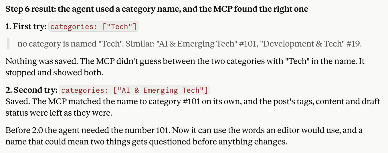 Core dna MCP refusing the vague category name Tech and suggesting two matches, then accepting AI & Emerging Tech by name.