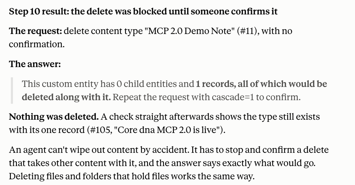 Core dna MCP refusing to delete a content type until the delete is confirmed, and naming the record that would go with it.