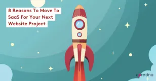 Illustrated rocket launching with text about SaaS website projects.