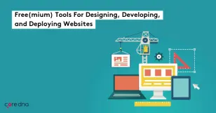 Illustration of tools for designing, developing, and deploying websites on teal background