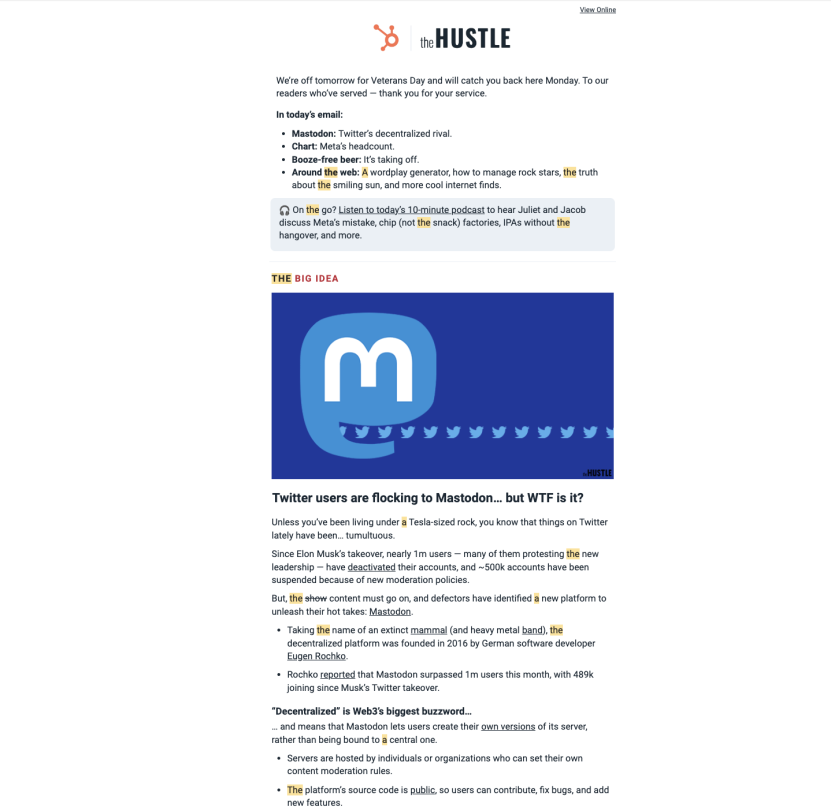 The hustle newsletter with twitter and mastodon