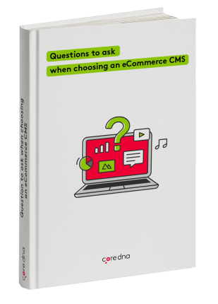 Ebook cover titled 'Questions to ask when choosing an eCommerce CMS' by Coredna