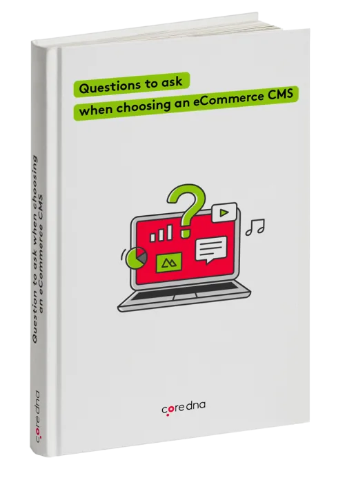 Ebook cover titled 'Questions to ask when choosing an eCommerce CMS' by Coredna