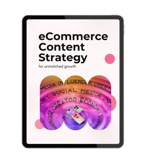 Tablet displaying eCommerce content strategy text with colorful design.