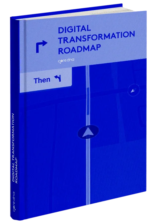 Blue book cover titled 'Digital Transformation Roadmap' with navigation icon.
