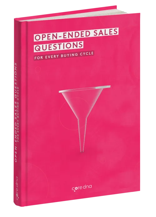Book cover titled 'Open-Ended Sales Questions for Every Buying Cycle' with pink background and funnel graphic.