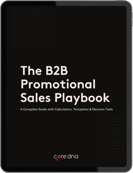 Cover of The B2B Promotional Sales Playbook by coredna, featuring a complete guide with calculators, templates, and tools.