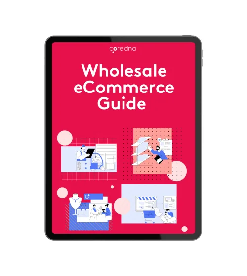 Tablet displaying a wholesale eCommerce guide cover with red background and illustrations.