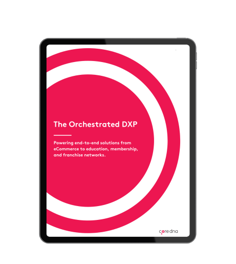 Tablet showing The Orchestrated DXP platform with red circle design.
