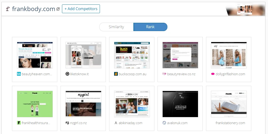 Screenshot of a website competitor analysis tool displaying various competitor sites for frankbody.com.