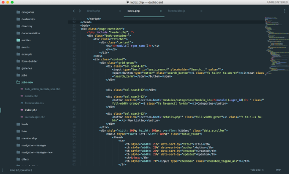 Screenshot of a PHP code editor showing a file hierarchy and open index.php file with syntax highlighting.