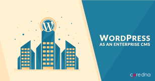 Illustration of WordPress as an enterprise CMS with buildings and logo