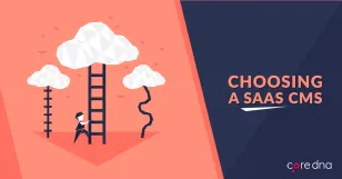 Illustration of a person climbing a ladder to a cloud with text 'Choosing a SaaS CMS'