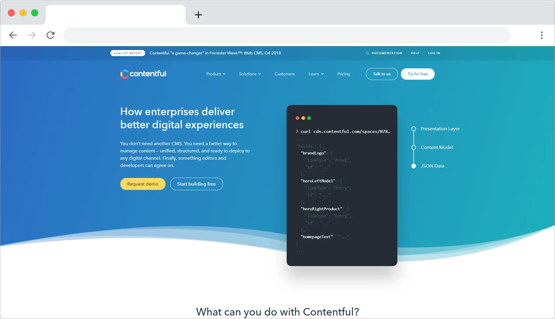Contentful homepage showcasing digital experiences and content management features.