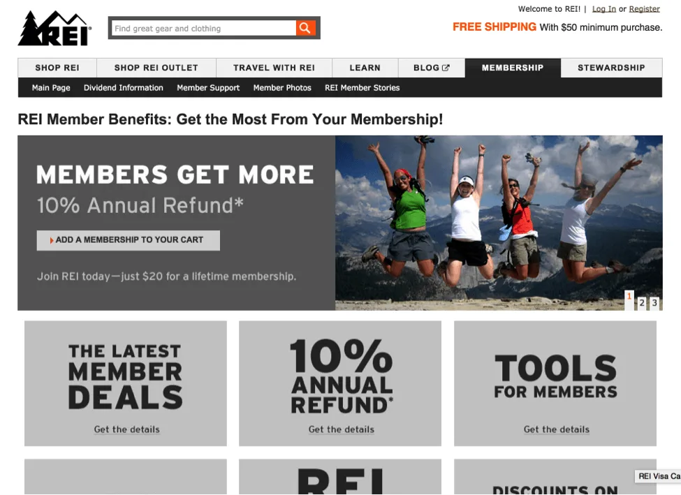 REI membership benefits promotion with group of people jumping outdoors.