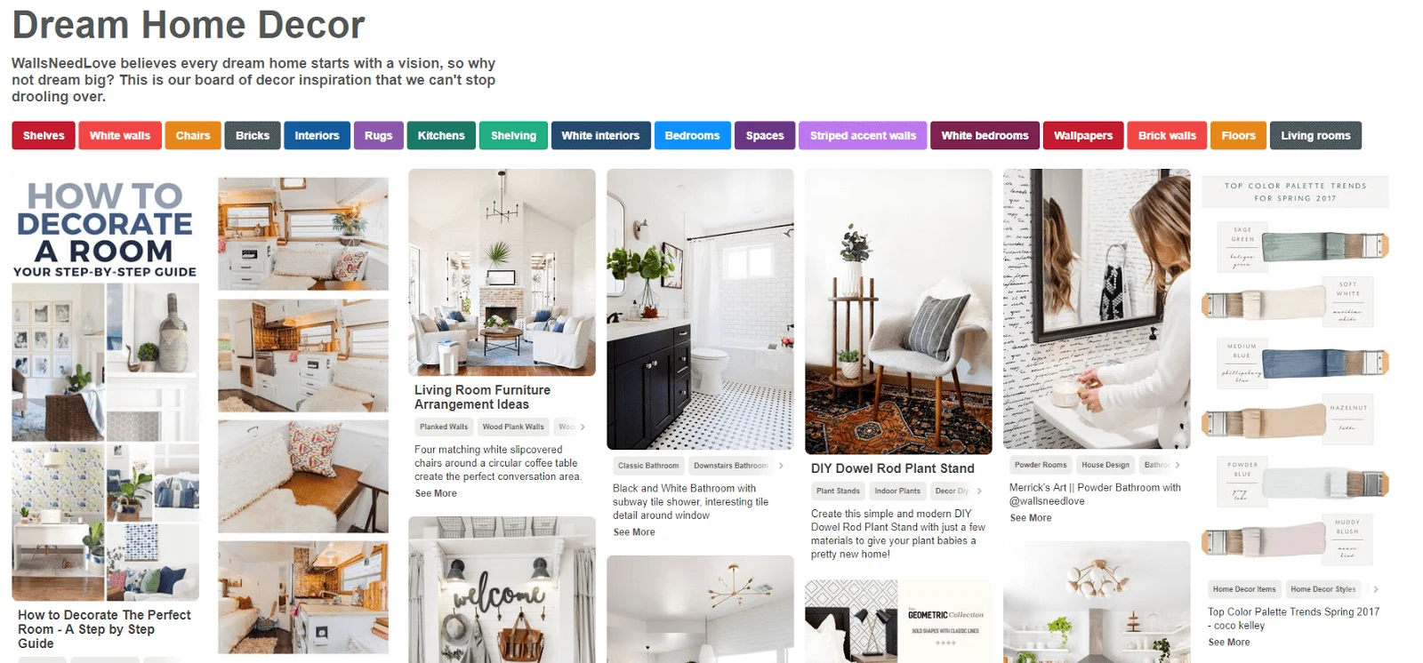 Collage of dream home decor ideas, including living rooms, bathrooms, and color palettes.