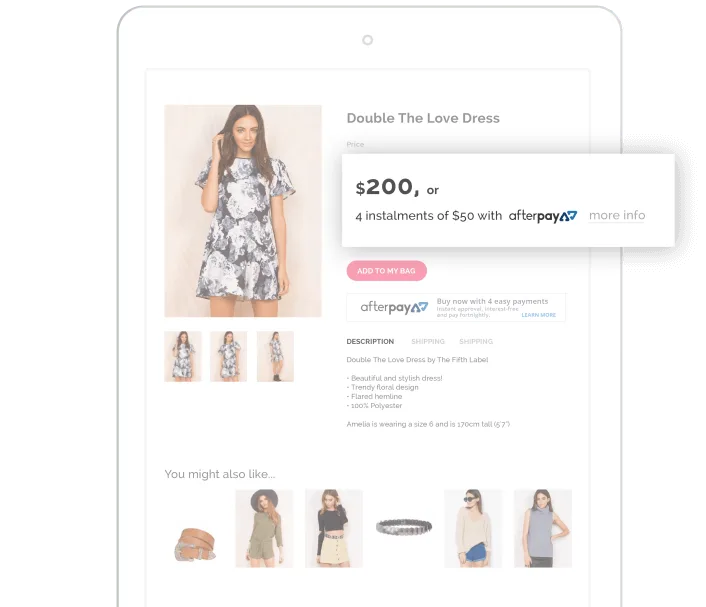 Tablet screen showing dress purchase with Afterpay option.