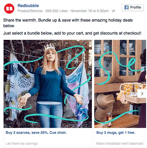 Redbubble holiday deals ad with scarves and mugs promotions.