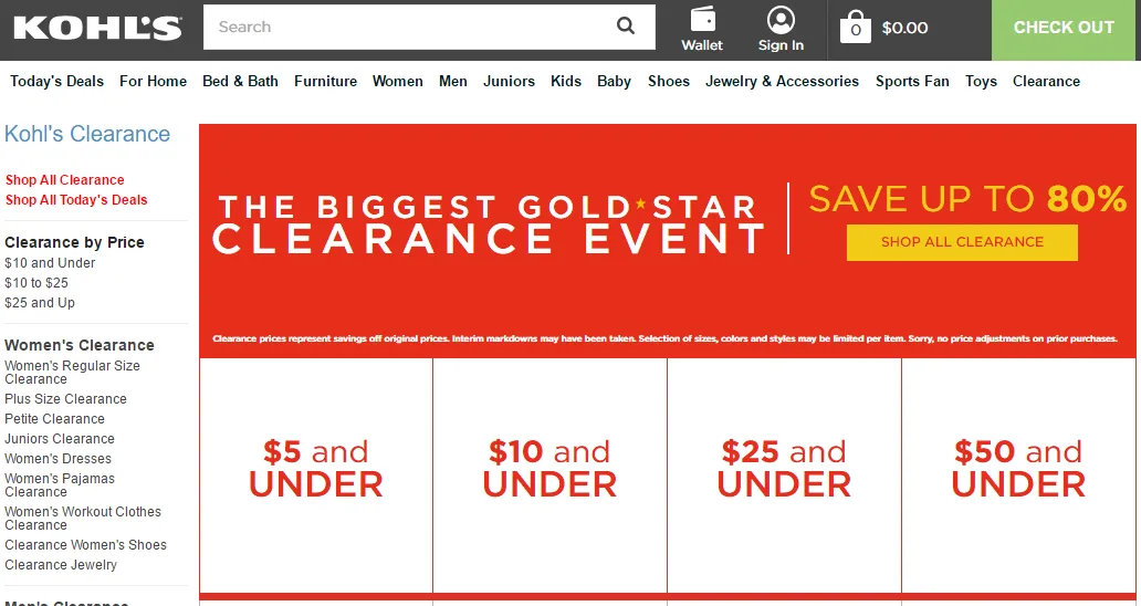 Kohl's clearance sale banner offering discounts up to 80% off.