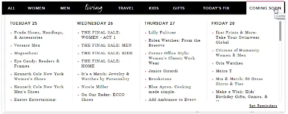 Weekly shopping calendar showing sales from Tuesday to Friday by category.
