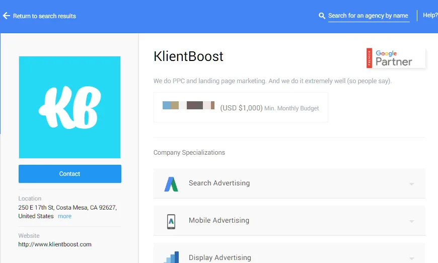 KlientBoost agency profile showing Google Partner badge and services offered.