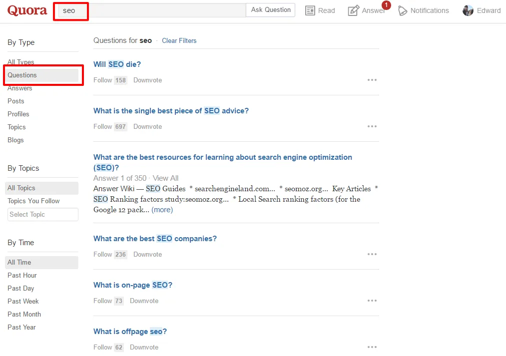Quora page displaying a list of SEO-related questions and topics.