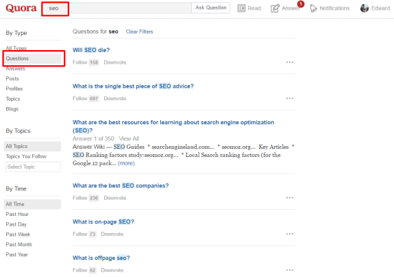 Quora page displaying a list of SEO-related questions and topics.