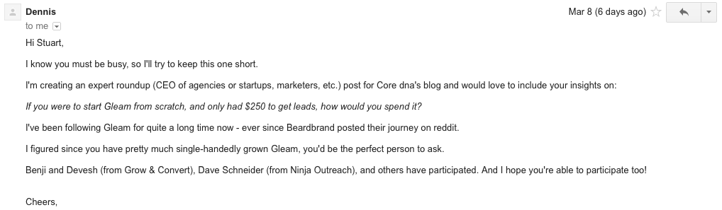 Influencer marketing example tactic: Dennis' second email to Stuart