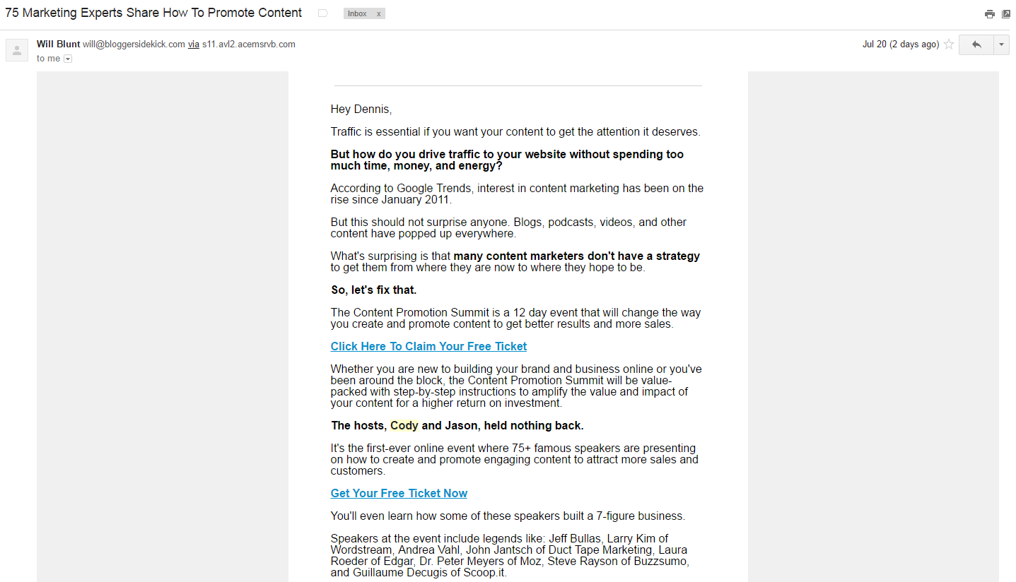 Will Blunt's email on content promotion summit
