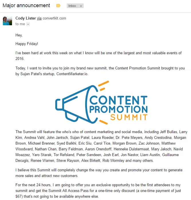 Email announcement for the Content Promotion Summit featuring a megaphone logo.