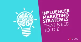 Illustration of a lightbulb with brain, symbols and text 'Influencer Marketing Strategies That Need to Die' on colorful background.