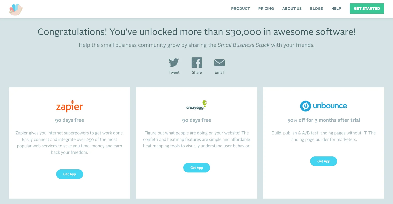 Image showcasing software discounts from Zapier, Crazy Egg, and Unbounce.