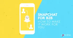 Snapchat for B2B marketing guide with smartphone and logo on yellow and blue background.