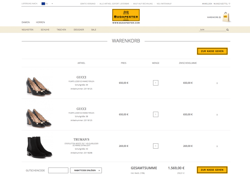 Ecommerce case study: Budapester shopping cart - Before