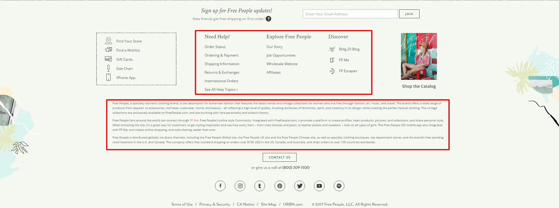 Free People website footer with links to help and company info sections.