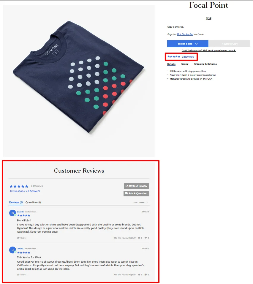Navy t-shirt with dot pattern and 5-star reviews visible on a product page.